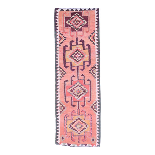 1970s Vintage Handmade Wool Cotton Pink Runner Rug For Sale