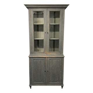 Late 19th Century Tall Swedish Display Cabinet in Dark Grey With Beautiful Patina For Sale