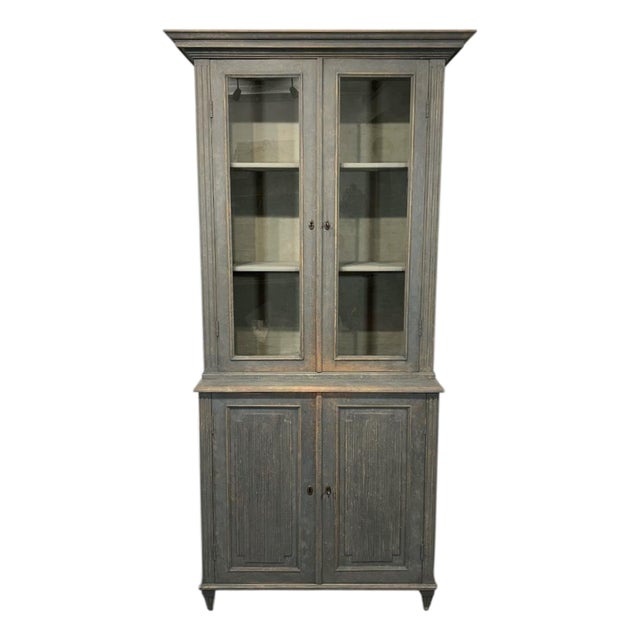 Late 19th Century Tall Swedish Display Cabinet in Dark Grey With Beautiful Patina For Sale