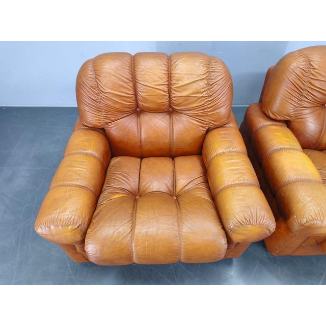 Mid-Century Italian Cognac Leather Lounge Armchairs, 1970s, Set of 2 For Sale - Image 10 of 12