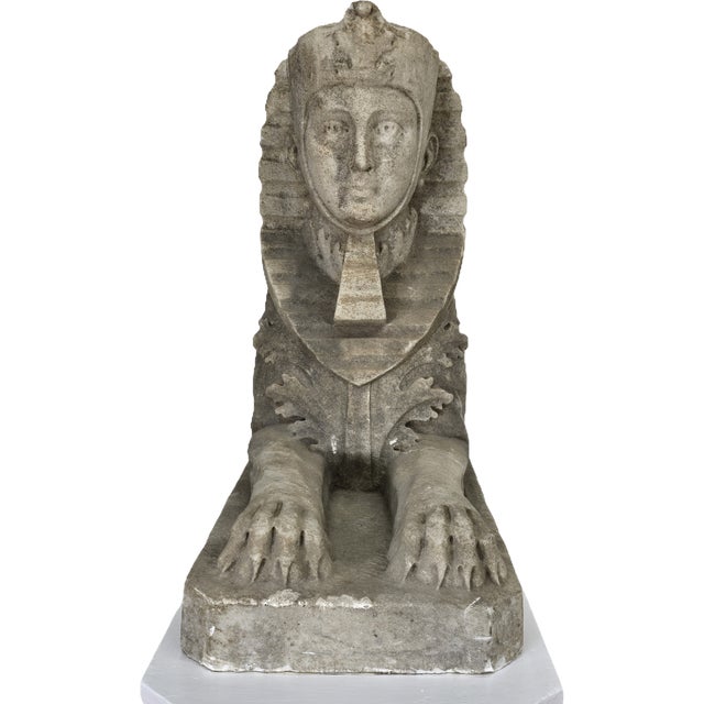 Impressive Large Pair Antique Sphinxes of Weathered White Marble on Custom Wood Bases For Sale - Image 4 of 14