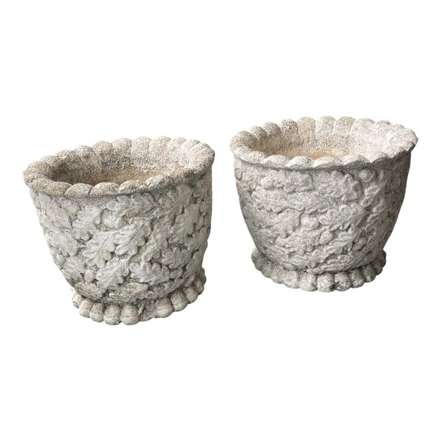 A Pair of Vintage English Cast Stone Oak Leaf & Acorn Planters For Sale