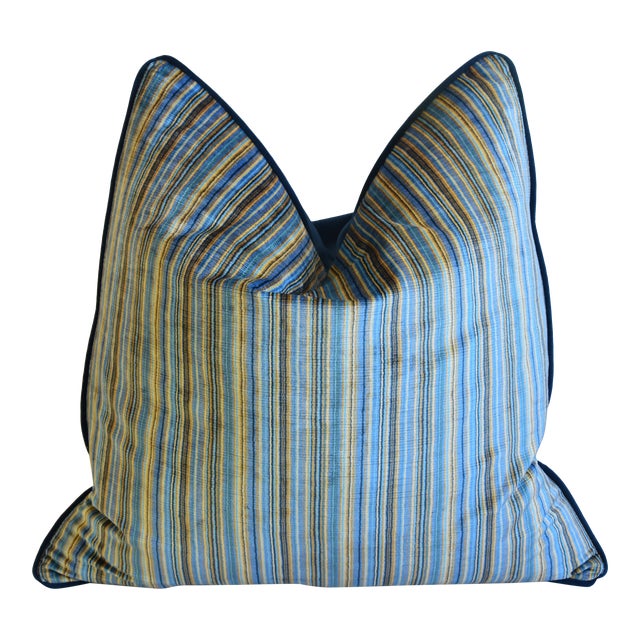 Brunschwig & Fils Blue & Gold Striped Velvet Feather/Down Pillow 24
