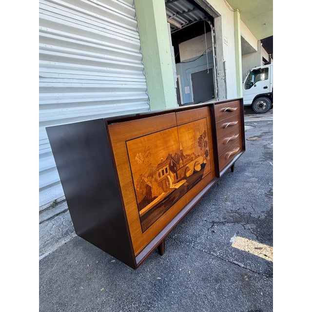 Brown 1950s Mid Century Italian Marquetry Credenza Sidboard For Sale - Image 8 of 12