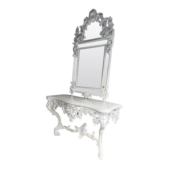 1950s Large White Lacquer Marble Top Console Table and Mirror French Style For Sale