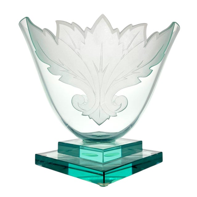 Circa 1990 Robert Guenther Signed Aqua Etched and Frosted Art Glass Leaf Vase For Sale - Image 9 of 12