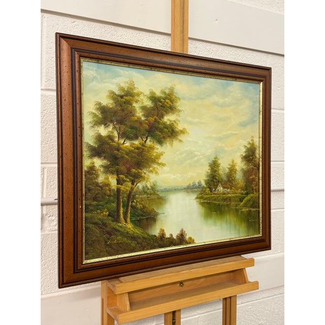 Golden haze settles on calm waters, holding a cottage in quiet reverie 1975 Circa For Sale - Image 13 of 18