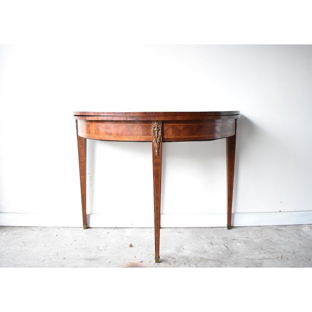 French Antique French Louis XVI-Style Marquetry & Ormolu Flip-Top Demilune Card Table For Sale - Image 3 of 13
