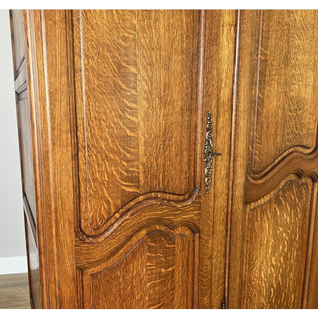 Vintage French Louis XVI Style Carved Oak 4-Door Armoire For Sale - Image 5 of 11