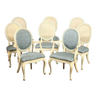 French Louis XV Style Vintage Set Of Eight Painted Cane Back Dining Chairs For Sale