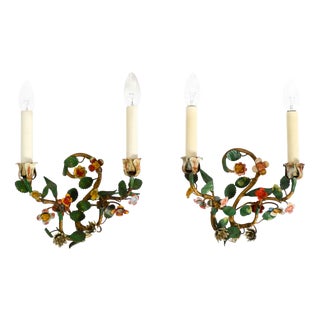 Floral Wall Lamps in Metal with Hand-Painted Details, Italy, 1950s, Set of 2 For Sale