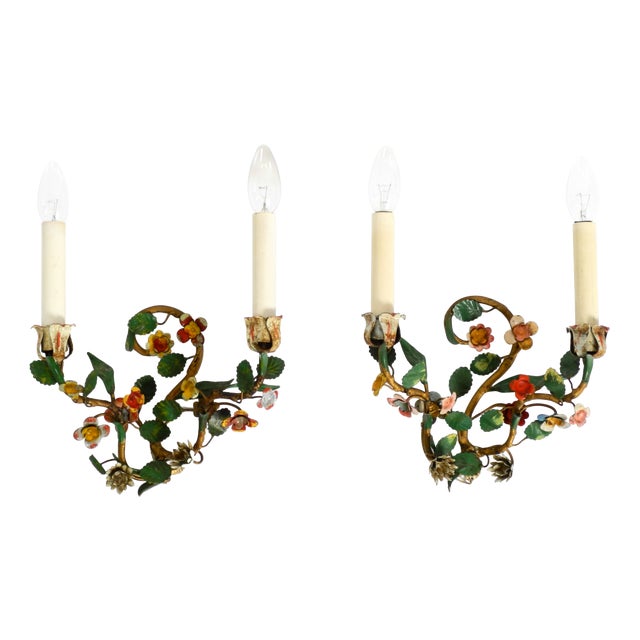 Floral Wall Lamps in Metal with Hand-Painted Details, Italy, 1950s, Set of 2 For Sale