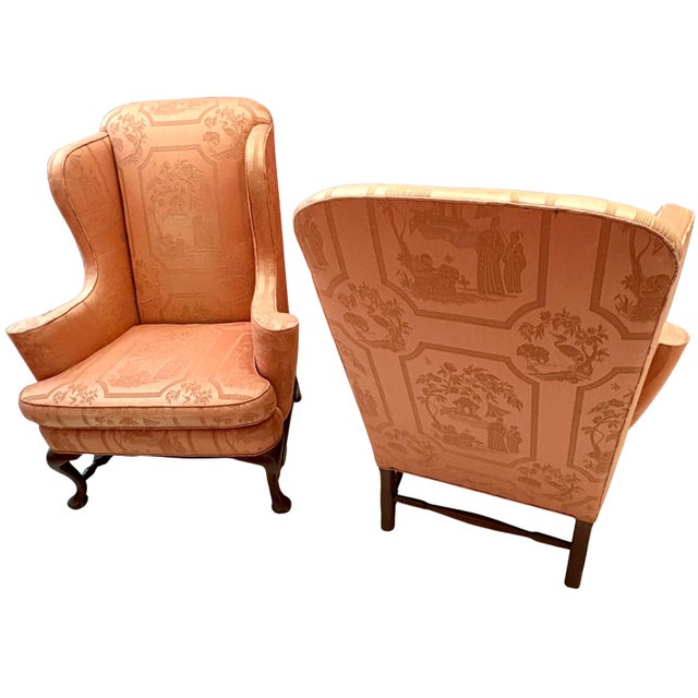Chinoiserie Queen Anne Style Wingback Chairs in Coral Chinoiserie Jacquard – A Pair For Sale - Image 3 of 5