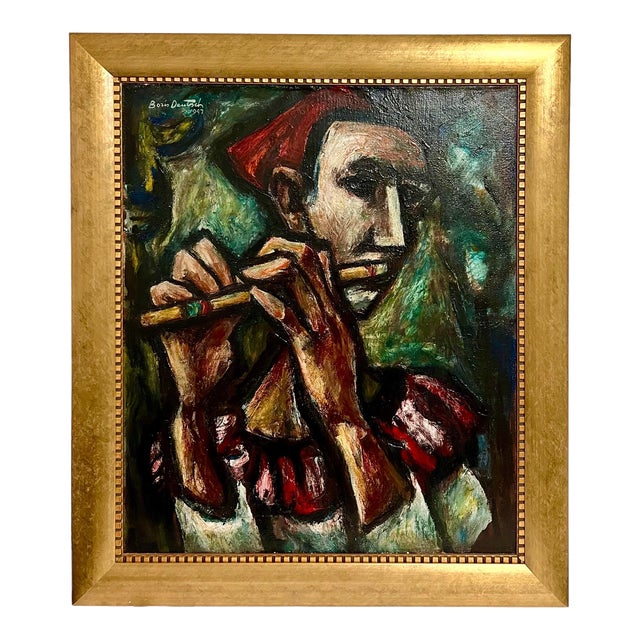 Boris Deutsch, 1947 Expressionist Oil Painting Flute Player Musician Boris Deutsch WPA Artist, 1947, Framed For Sale