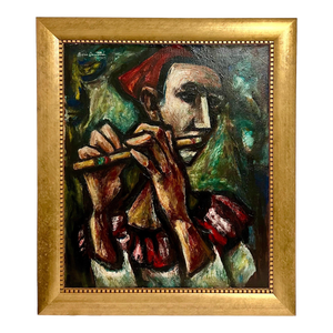 Boris Deutsch, 1947 Expressionist Oil Painting Flute Player Musician Boris Deutsch WPA Artist, 1947, Framed
