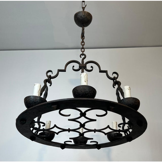 Gothic 1940s Gothic Style 8 Light Round Wrought Iron Chandelier For Sale - Image 3 of 12