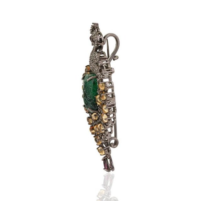 Not Yet Made - Made To Order Handcrafted Peacock Motif Brooch Pendant With Multi Gems and Diamonds For Sale - Image 5 of 14