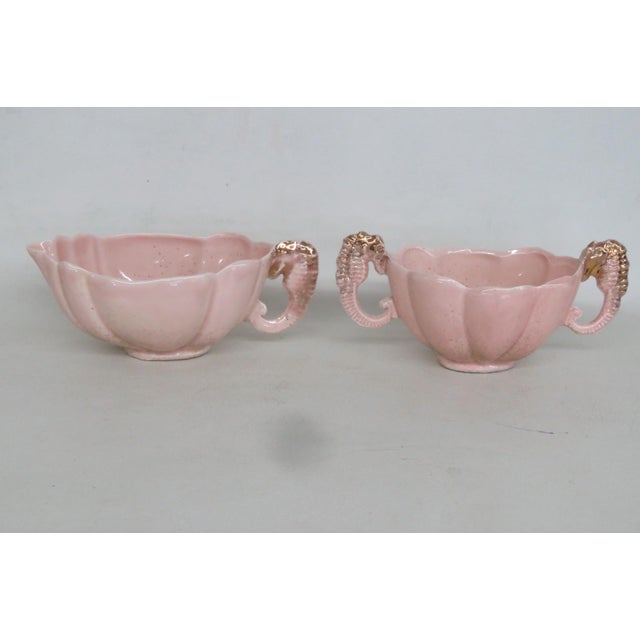 Ceramic Mid 20th Century Pink Ceramic 3pc Set Tray Sugar Creamer With Gold Sea Horse Handle Design For Sale - Image 7 of 13