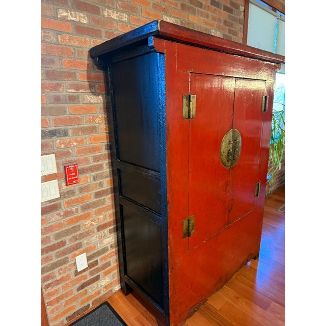 Chinese Mid 20th Century Red Chinese-Style Cabinet / Armoire With Brass Hardware For Sale - Image 3 of 5