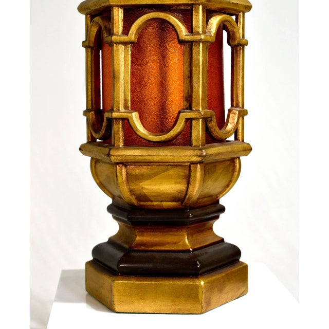 Contemporary Moroccan Style Gilt Lanterns With Faux Glass in Amber - a Pair For Sale - Image 9 of 12