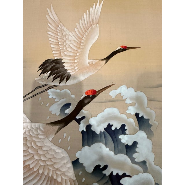 Pair of Vintage Japanese Hand-Painted Silk Crane Paintings, Signed, 45" For Sale - Image 10 of 16