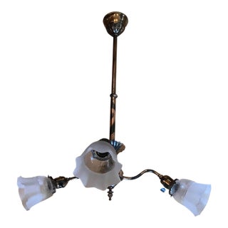 Antique Arts & Crafts Brass 3-Light Chandelier c.1908–1915 | Bryant Sockets | Original Etched Glass Shades For Sale