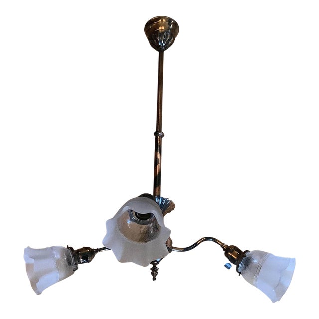 Antique Arts & Crafts Brass 3-Light Chandelier c.1908–1915 | Bryant Sockets | Original Etched Glass Shades For Sale