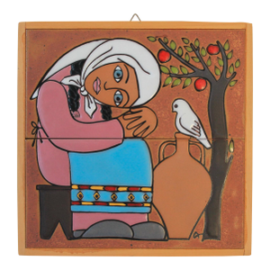 Vintage Framed Terracotta Tile Art by Greek Artist Angelo Tsakirakis of a Lady and Dove