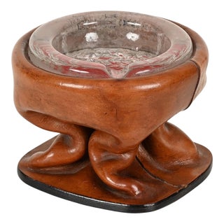 Sculptural Curved Leather and Crystal Ashtray by Jacques Adnet, Italy, 1950s For Sale