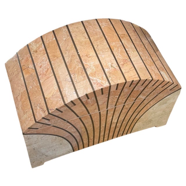 Maitland Smith Tessellated Pink Marble Domed Box Features brass inlay and hinged opening Lovely!