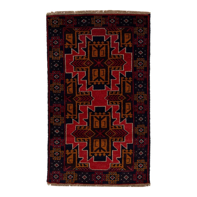 1960s Vintage Persian Balouch Handmade Red Medallion Wool Rug For Sale