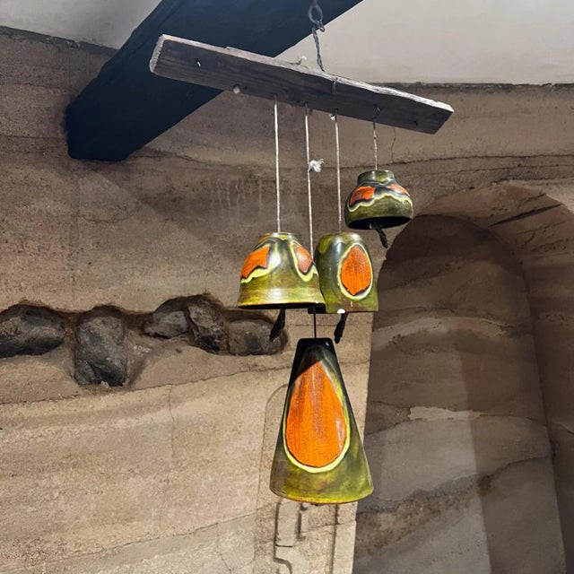 Late 20th Century 1980s Handcrafted Vintage Artisan Wind Bell Ceramic and Wood Chime For Sale - Image 5 of 10