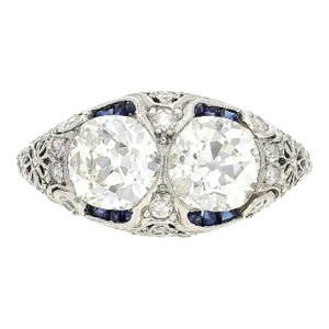 Vintage Art Deco 3 Carat Old Mine Cut Two Stone Double Diamond and Sapphire Ring