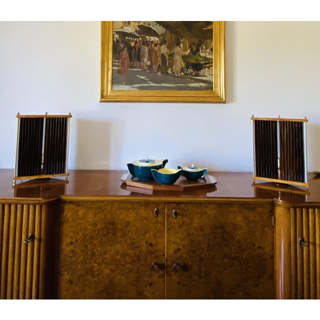 2 Palisander and brass Table lamps designed by Leonardo Mosso architect. Italy 1970s Brass, white glass, palisander wood H...