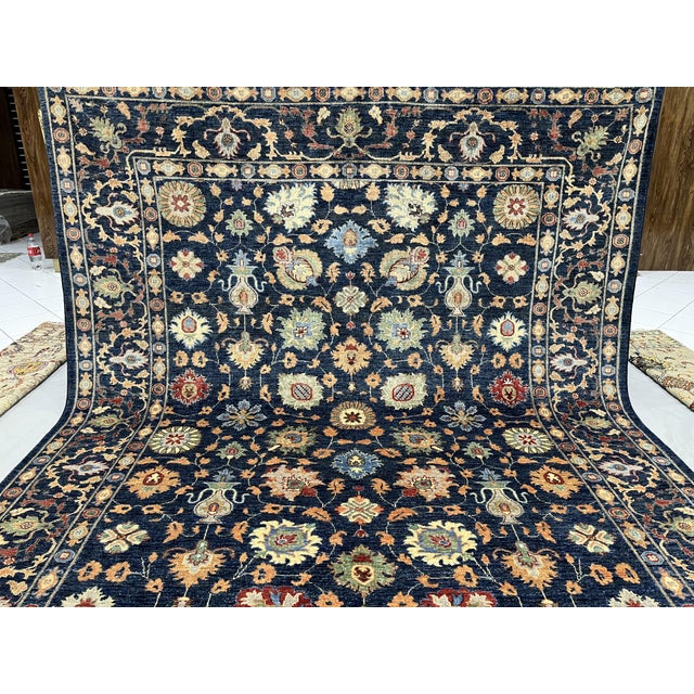 Navy Blue Afghan Sultani Natural Dye Wool Rug, Persian Floral Botanical Design, 8′2″ × 9′11″ For Sale - Image 4 of 16