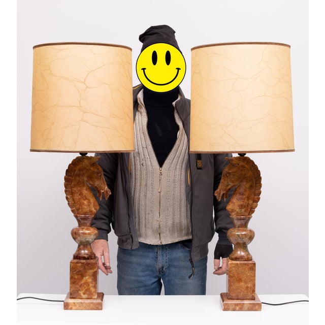 This beautiful pair of horse head lamps represent knights from a chess set. They are beautifully carved and polished, with...