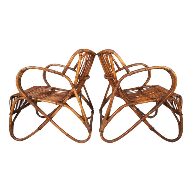 Vintage French Rattan Bamboo Lounge Chairs, 1960, Set of 2 For Sale