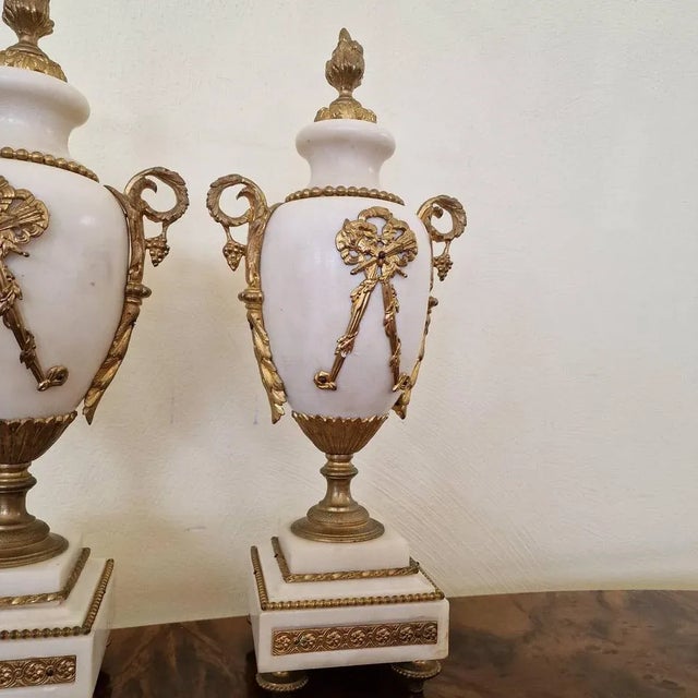 Louis XVI Style White Marble and Gilt Bronze Vases, 19th Century, Set of 2 For Sale - Image 5 of 6
