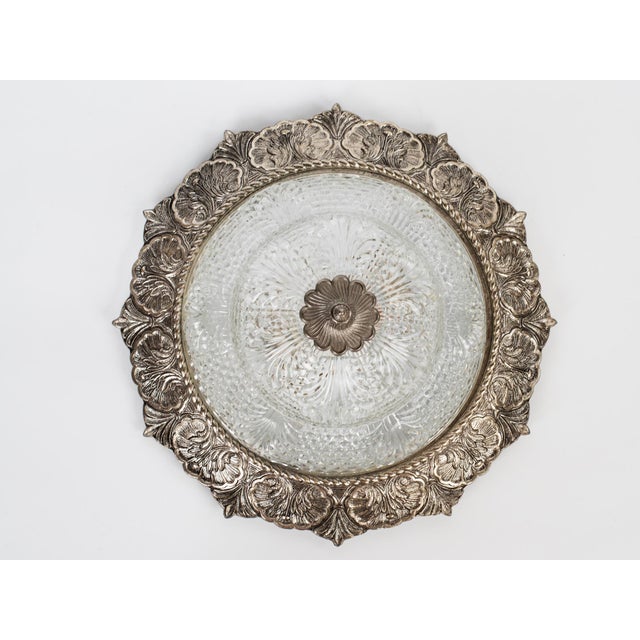 Baroque 1960s Spanish Neo-Baroque Silvered Cast Zinc & Tiered Pressed Glass Flush Mount Ceiling Light - Fully Restored For Sale - Image 3 of 12