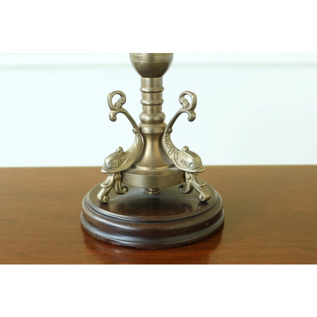 Traditional Brass Dolphin Design Table Lamp W. Toleware Shade For Sale - Image 3 of 10