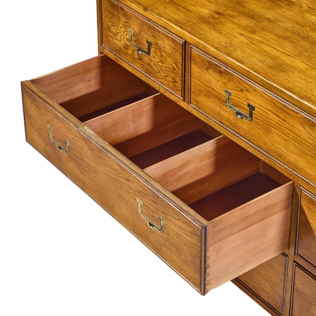 Brown Henredon Campaign Mid Century Oak and Brass Lowboy Dresser For Sale - Image 8 of 10