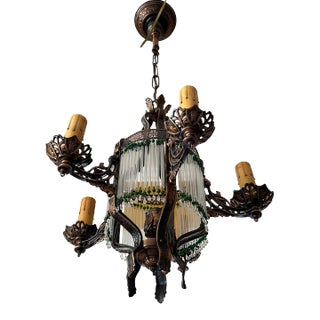 6 Light Bronze Patina Chandelier With Original Clear and Green Glass Beads, Circa 1920 For Sale