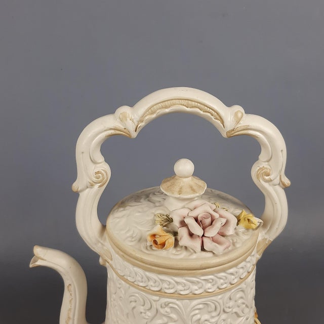 Beige Capodimonte Ceramic Jug Pourer with Flowers in Relief, 1970s For Sale - Image 8 of 14