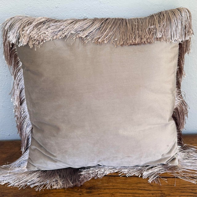 Taupe Velveteen Pillow With Long Silky Fringe | Chairish