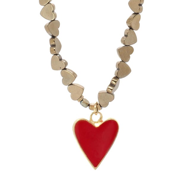 Red Heart Pendant Gold Hematite Stone Heart Shape Chain Necklace For Sale - Image 4 of 7