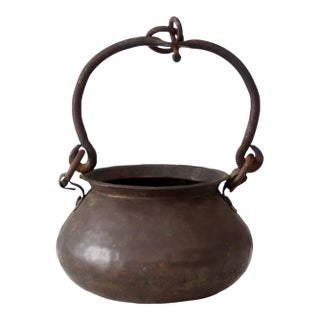Antique Hand Hammered Copper Hearth Pot With Iron Swing Handle For Sale