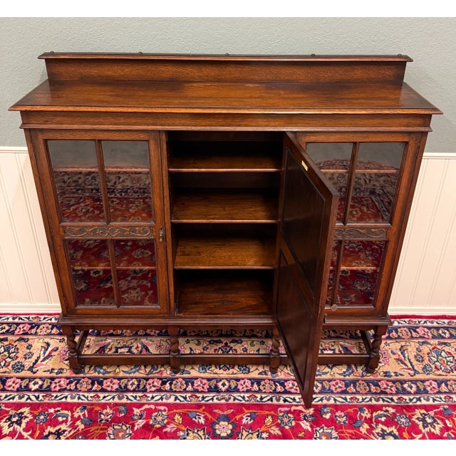 Brown Antique English Jacobean Bookcase Bookshelf Cabinet Barley Twist Wavy Glass Oak For Sale - Image 8 of 18