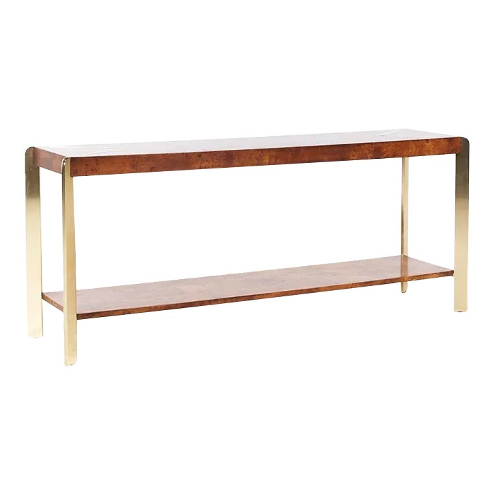 Mastercraft Style Mid Century Burlwood and Brass Console Table | Chairish