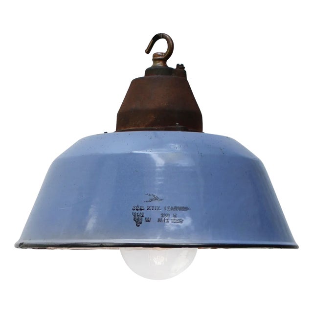 Vintage Industrial Blue Enamel, Clear Glass and Cast Iron Pendant Light For Sale