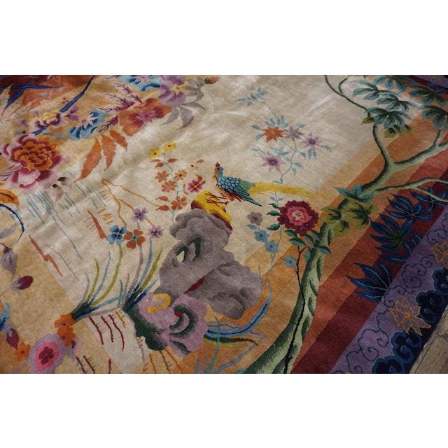 Early 20th Century 1920s Ivory Scenic Floral Antique Chinese Art Deco Rug 8'10" X 11'6" Handknotted Wool Carpet For Sale - Image 5 of 18